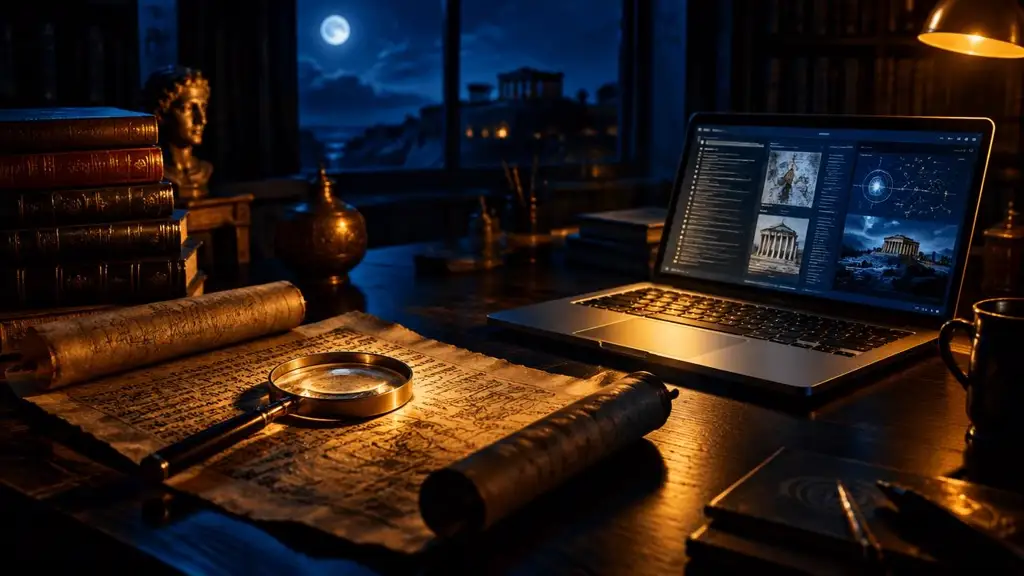 Research desk with an ancient scroll and a laptop showing a research profile